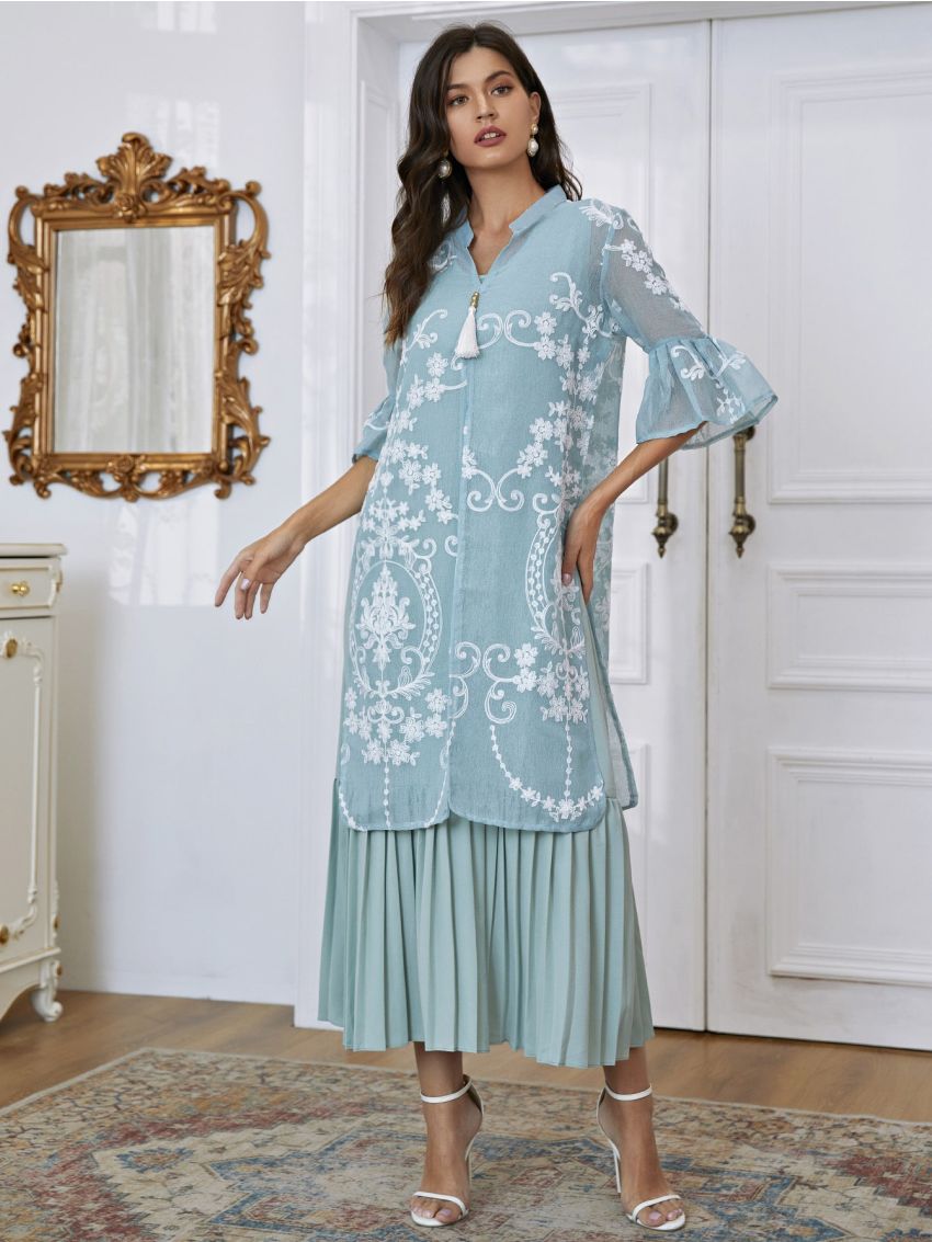Floral Embroidery Split Tunic With Pleated Hem Dress