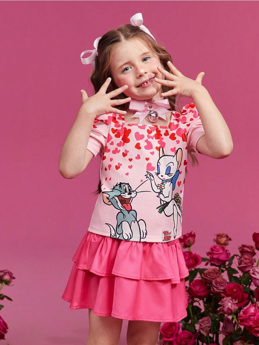 TOM & JERRY X SHEIN Young Girl Cartoon & Heart Print T-Shirt