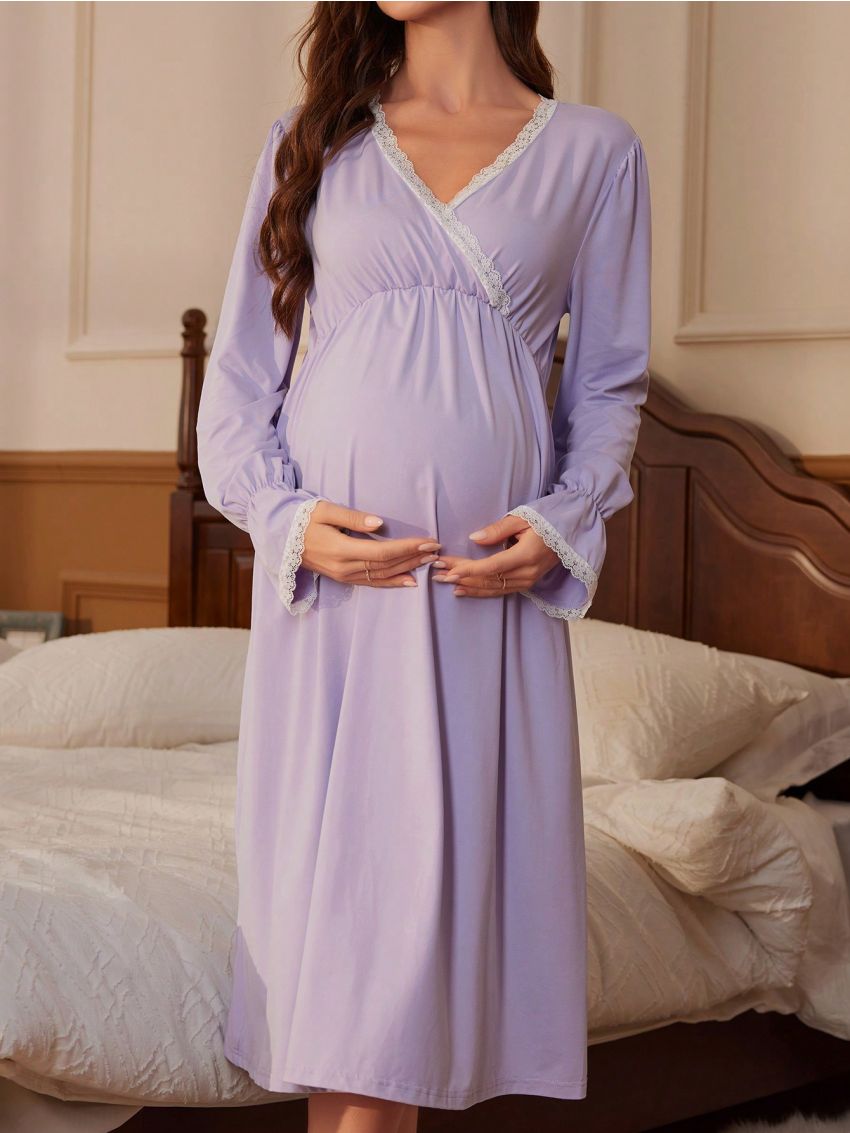 Maternity Lace Wrap Collar Nightgown