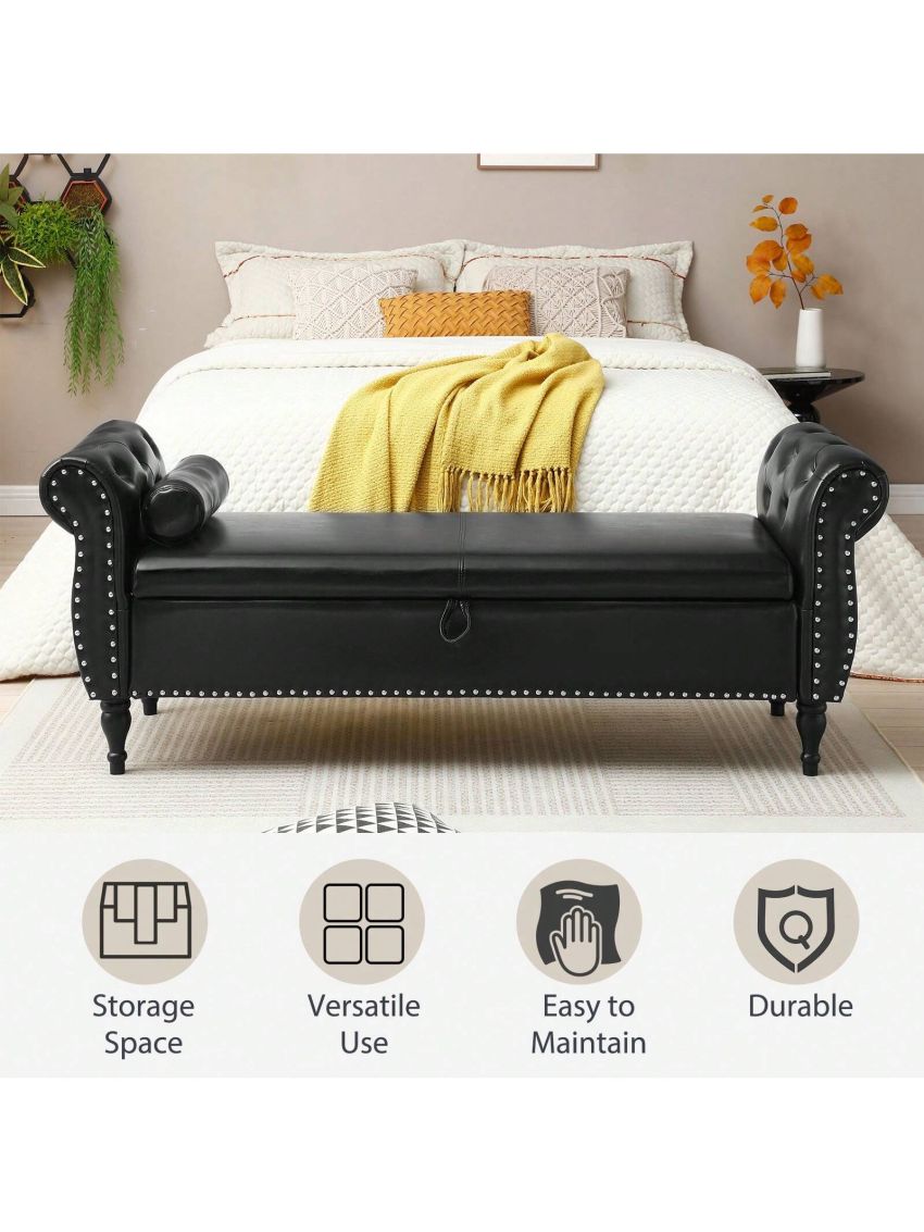 Modern Rolled Arm Storage Ottoman Bench, Multifunctional Storage Rectangular Sofa Stool, Leather Storage Benches for Bedroom Entryway Hallway Living Room