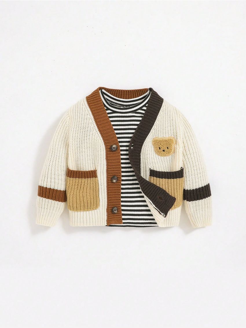 SHEIN Baby Boy Striped Pattern Cartoon Embroidery Cardigan