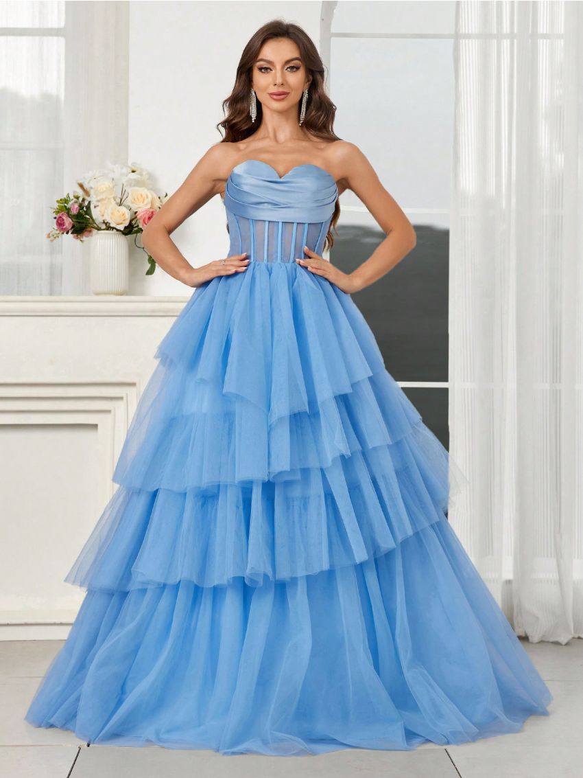 SHEIN Belle Strapless Dress With Mesh Splice Satin Surface And Multi-Layer Irregular Mesh Puffy Hem, Sheer On Top For Evening Party (Heavy Model)