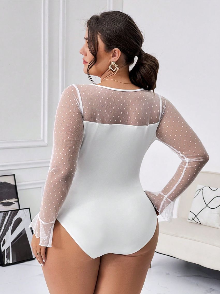 SHEIN Privé Plus Size Mesh Patchwork Ruffle Sleeve Bodysuit