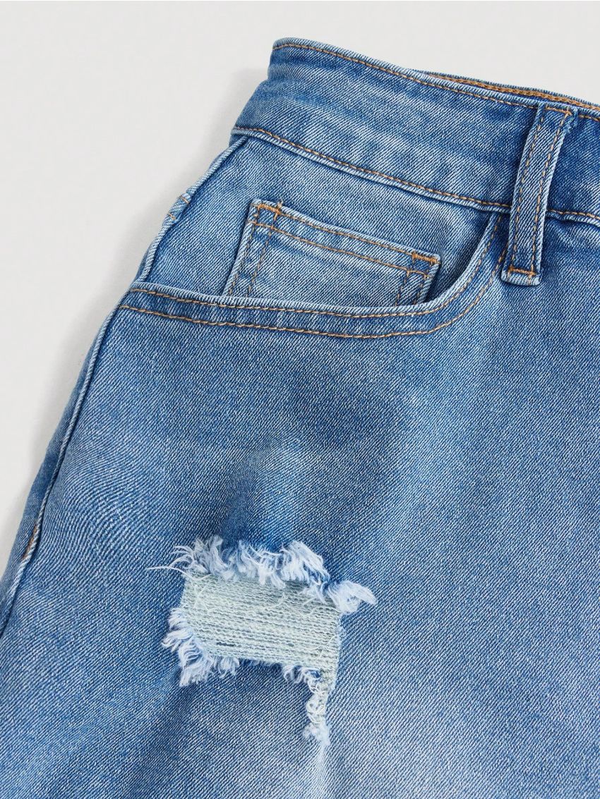 SHEIN Teen Girls High Waist Bleach Washed Ripped Slant Pocket Flare Leg Jeans,Kids Spring And Summer Pants