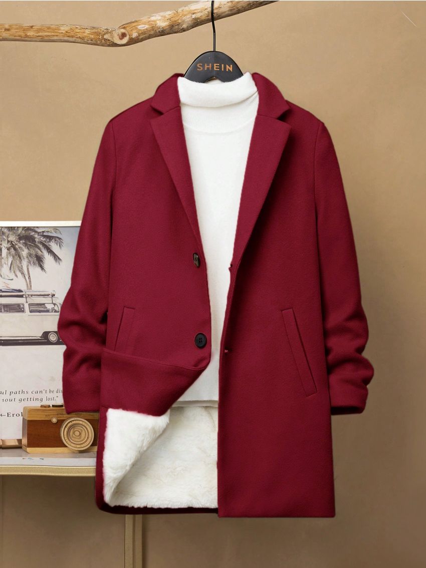 SHEIN Kids EVRYDAY Boys' Mid-length Solid Color Thick Woolen Coat, Loose And Comfortable Fit