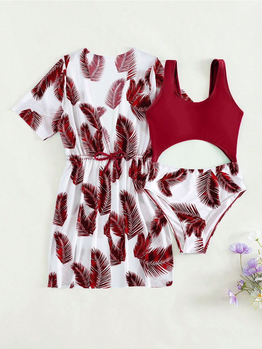 SHEIN Teen Girls' Two Piece Botanical Print One-Piece Swimsuit