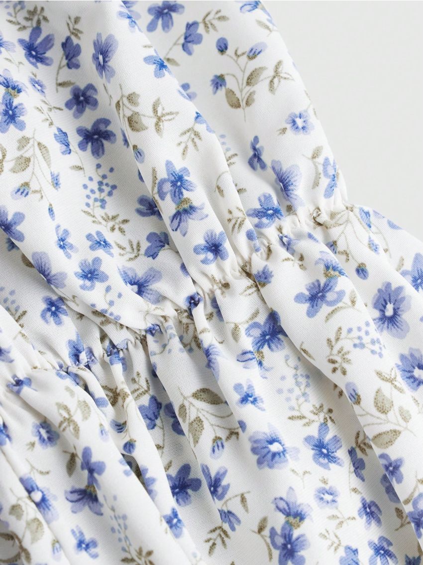 SHEIN Teen Girls' Woven Floral Square Collar Shirred Long Sleeve Blouse