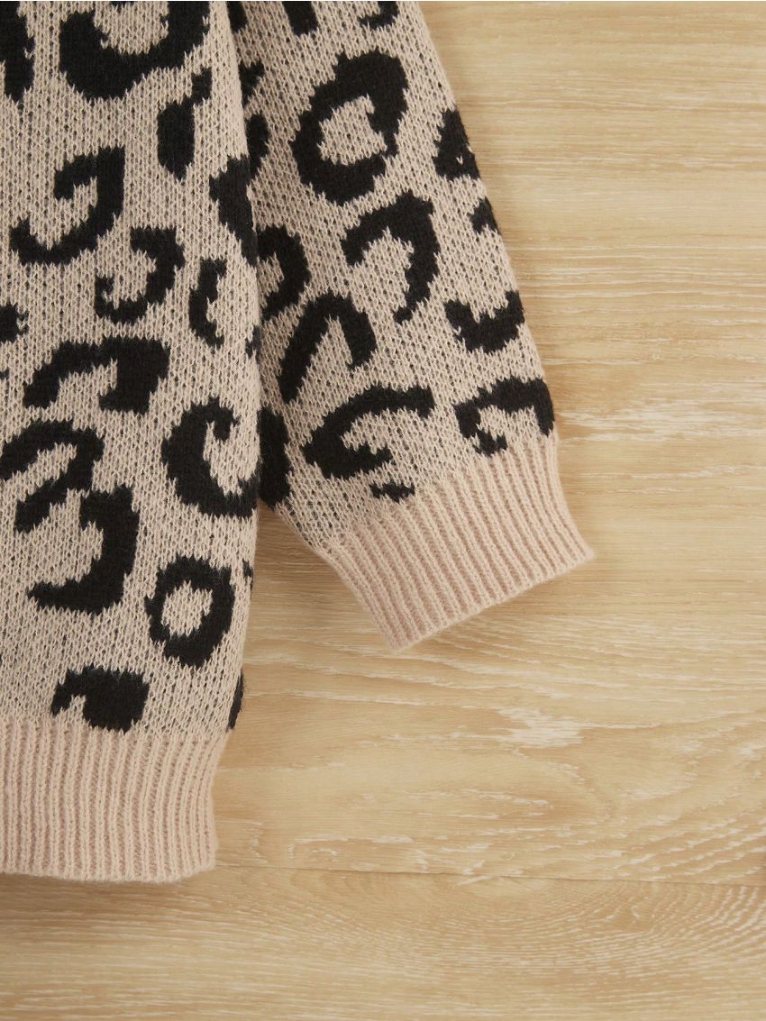 SHEIN Tween Girls' Leopard Pattern Jacquard Long Sleeve Cardigan, For Big Kids