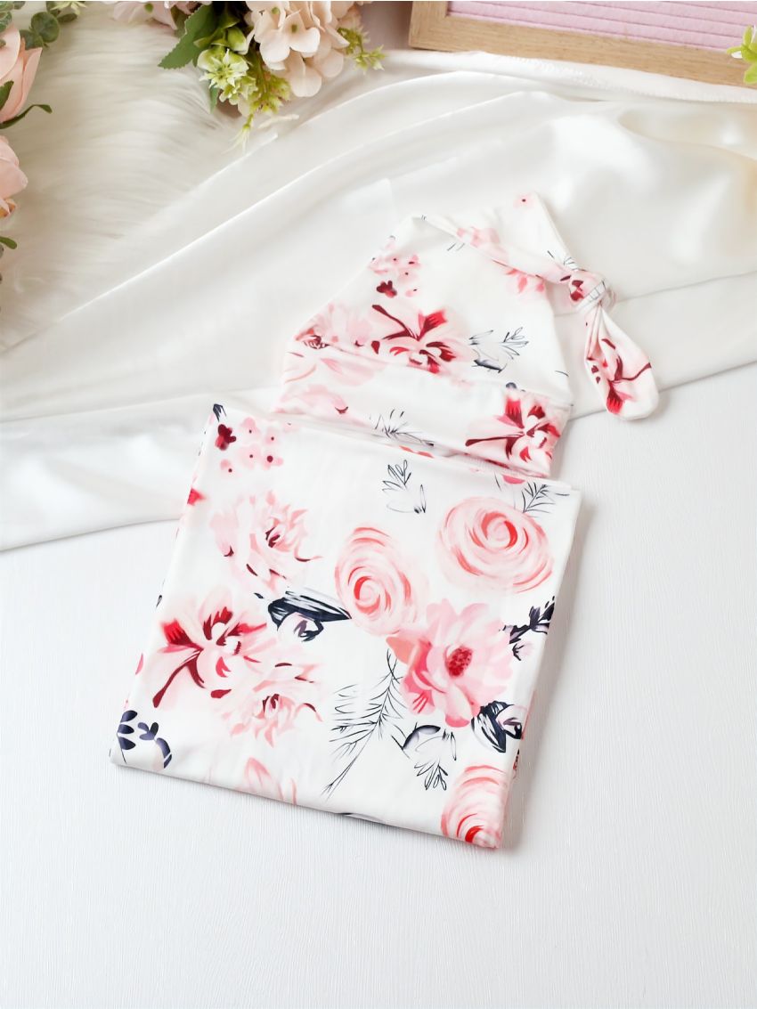 Newborn Photography Floral Print Blanket & Hat
