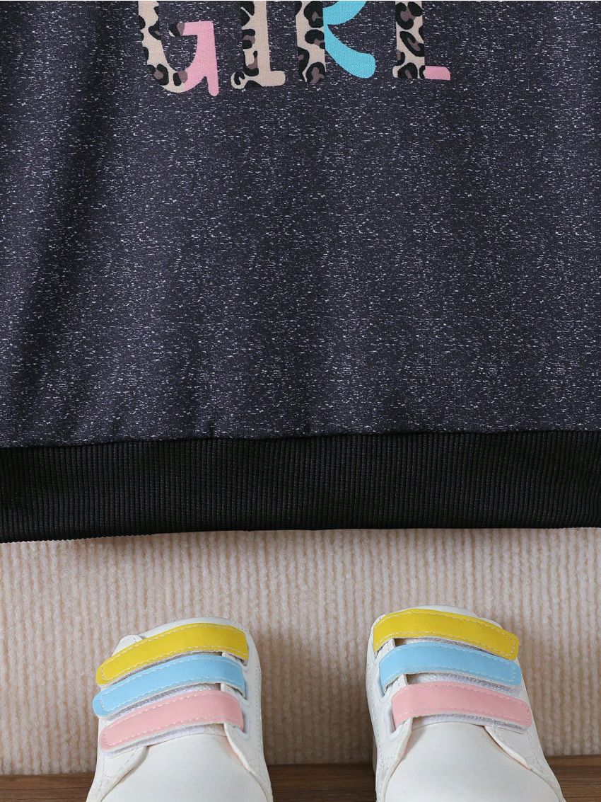 Little Girls' Letter Print Leopard Spliced Raglan Sleeve Round Neck Sweatshirt