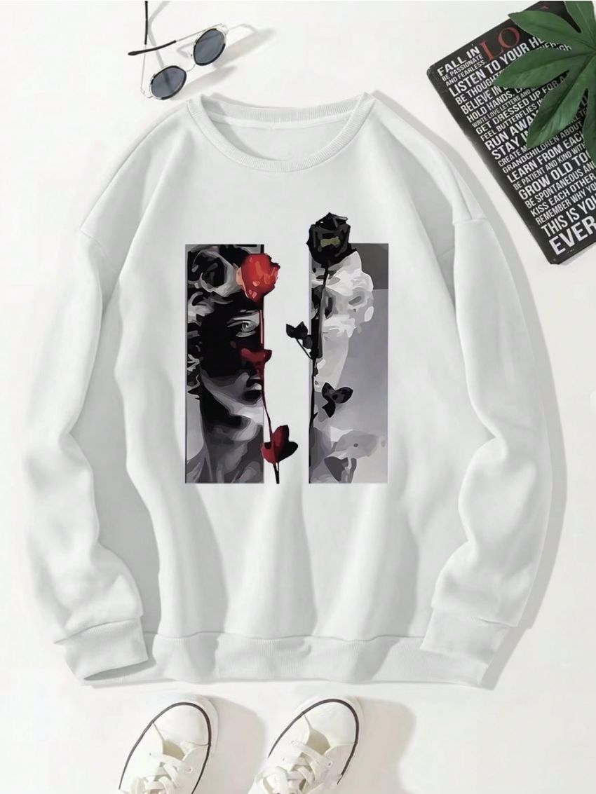Men's Oversized Fleece Rose Printed Drop Shoulder Sweatshirt