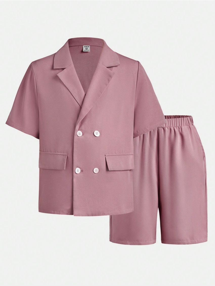 SHEIN Kids FANZEY Tween Boys' Slim Fit Short Sleeve Suit With Shorts, Gentleman Style Outfit Set