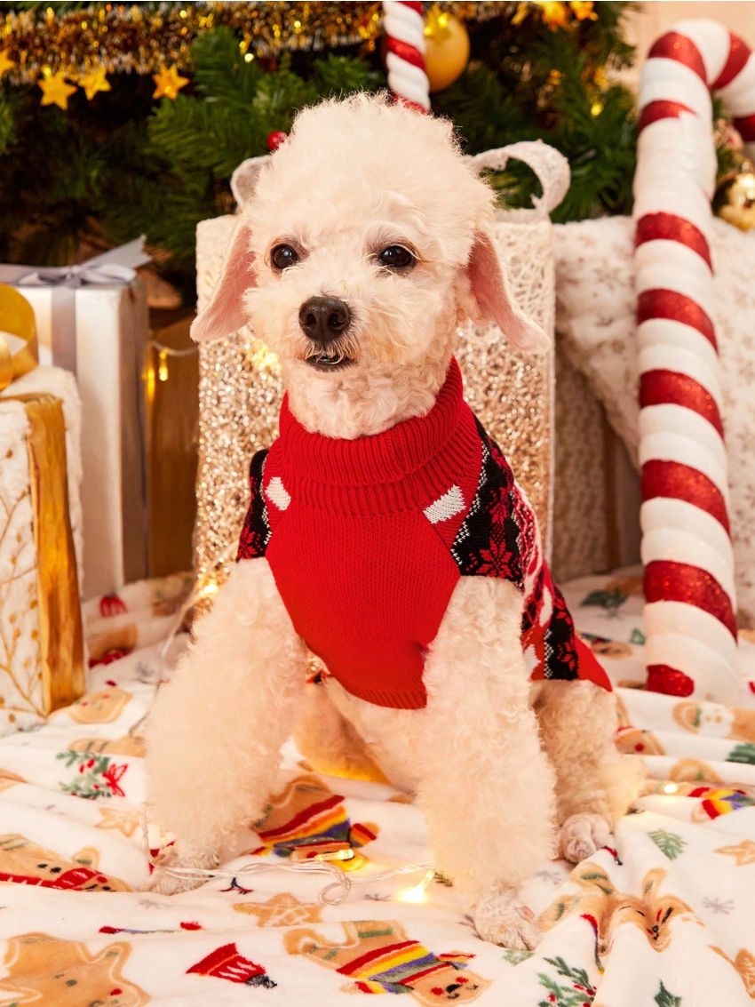 PETSIN Christmas Reindeer Fair Isle Pattern Red Pet Sweater