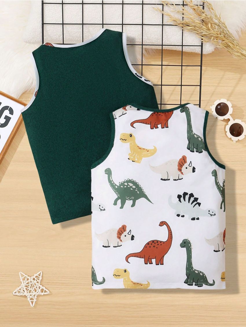 SHEIN Kids QTFun Toddler Boys' 2pcs/set Cute Comfortable Cartoon Dinosaur Pattern Colorblock Hem Tank Top