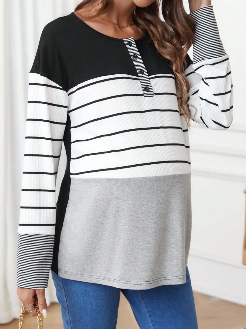 SHEIN Maternity Striped Button Placket Half-open T-shirt