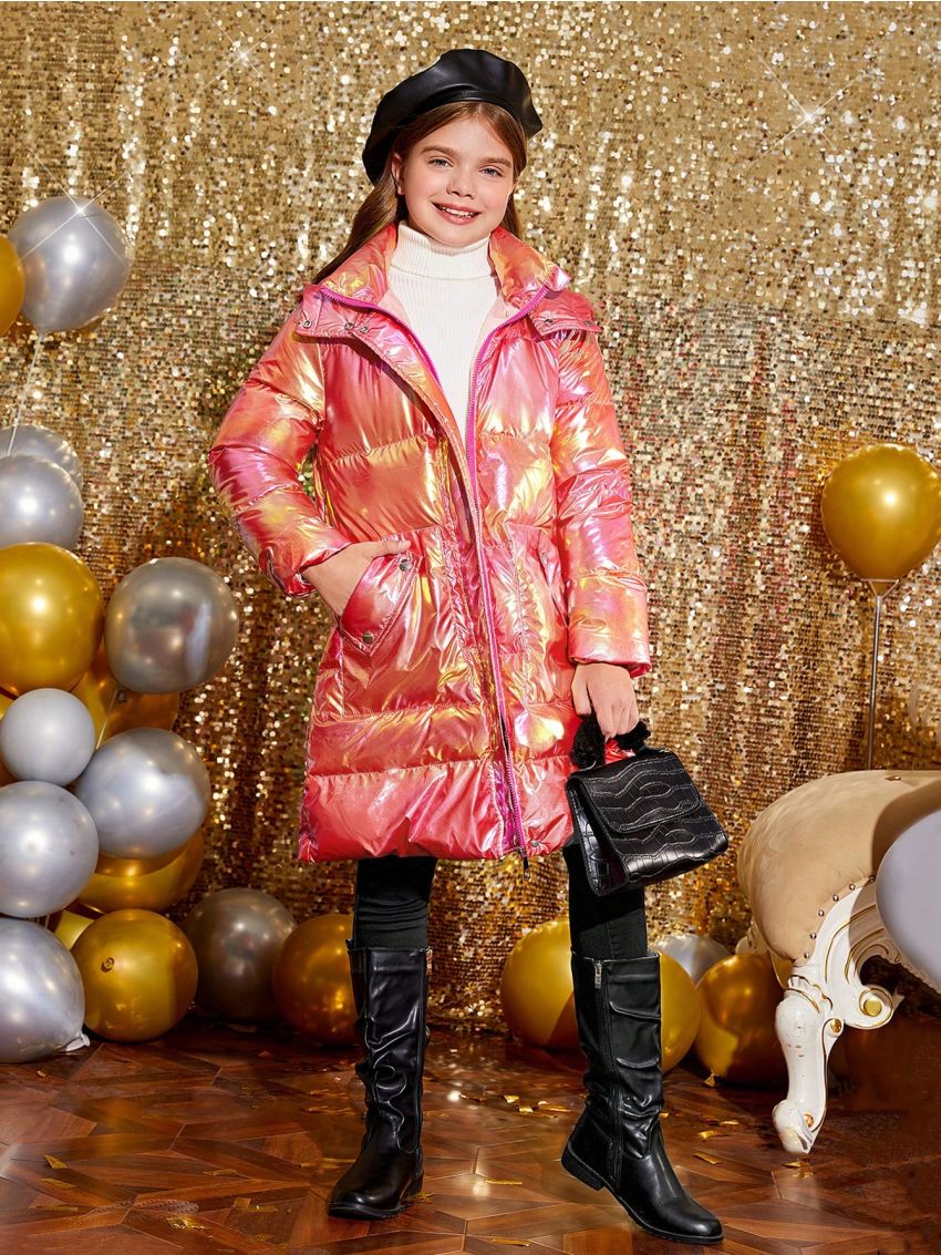 SHEIN Kids SPRTY Tween Girl Holographic Slant Pocket Hooded Puffer Coat