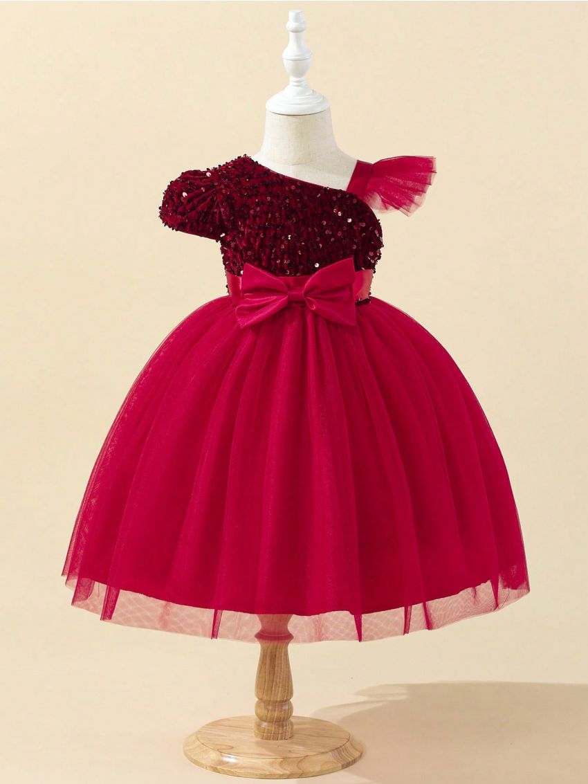 Little Girl's Asymmetric Neckline Sequin Panel Dress With Bow Decoration
