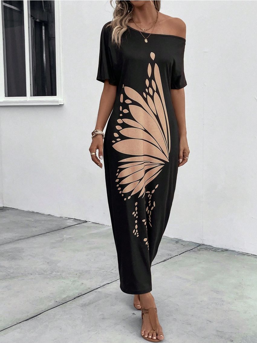 SHEIN LUNE Butterfly Print Batwing Sleeve Tee Dress