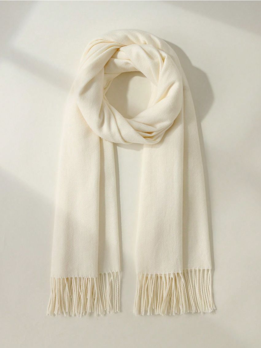 1pc Women's White Fringed Faux Cashmere Soft And Warm Scarf Shawl In Plus Size, Suitable For Daily Wear