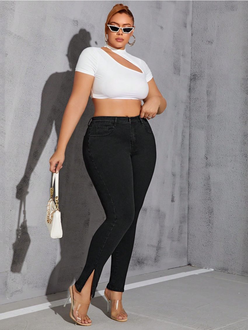 SHEIN SXY Plus Size High Waisted Skinny Jeans With Slit Hem