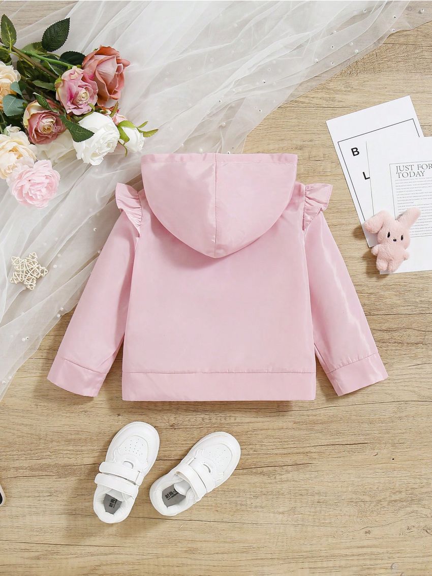 SHEIN Baby Girl Casual Pink Ruffle Trimmed Long-Sleeve Hooded Wind Jacket