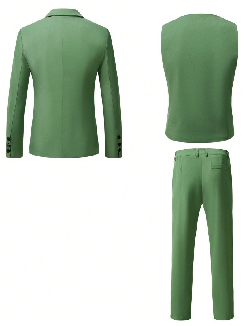 Men's Solid Color Suit Set, Including Jacket, Vest And Pants