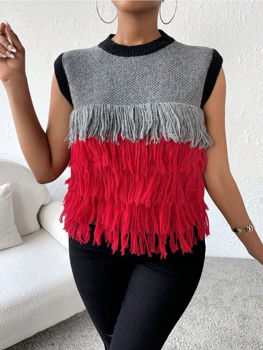 SHEIN BAE Color Block Fringe Trim Sweater Vest