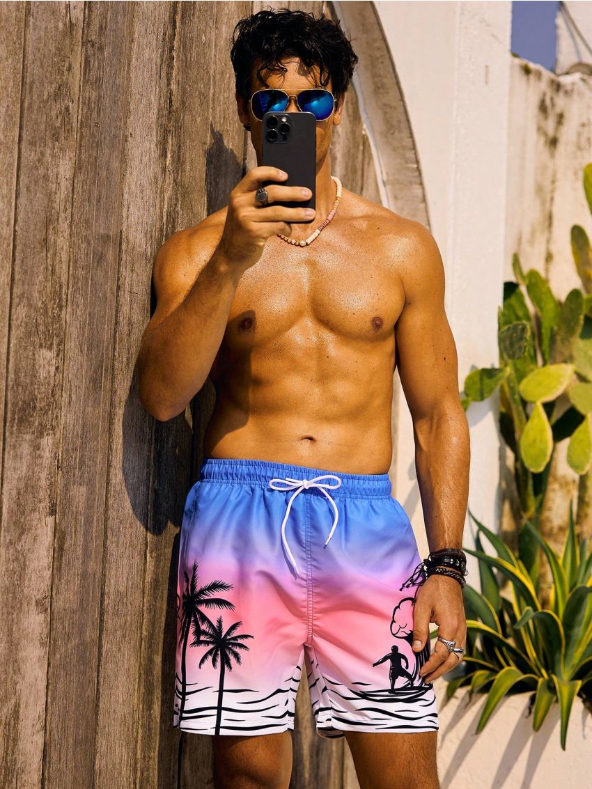 Men'S Coconut Tree Printed Drawstring Beach Shorts
