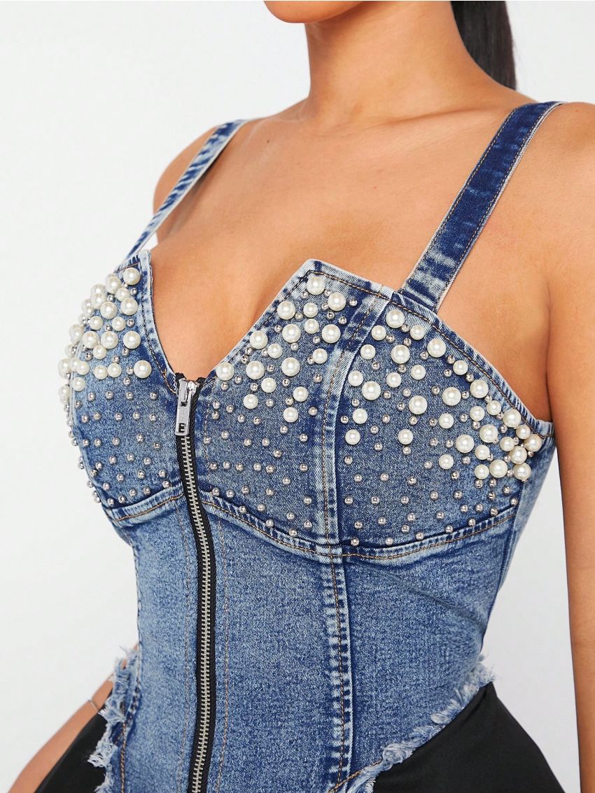 XAX Contrast Color Mesh Panel & Pearl Decorated Denim Cami Dress