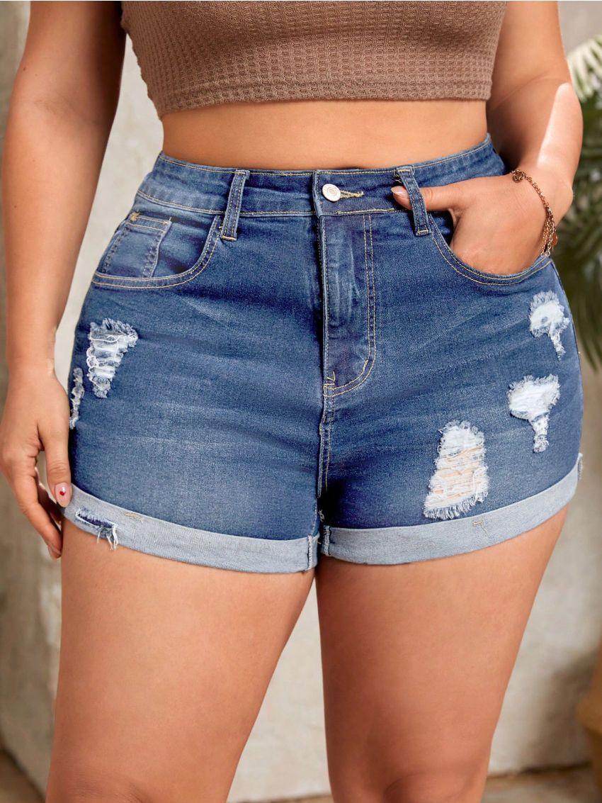 Plus Solid Ripped Roll Up Hem Denim Shorts