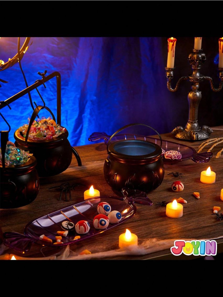 JOYIN 3 Witches Cauldron Serving Bowls, 2 Purple Candy Discs, a Black Metal Shelf with 3 Hooks, 6 PCS Halloween Party Decoration Set Black Plastic Candy Bucket Cauldron Bowls, for Halloween Outdoor and Indoor Decor
