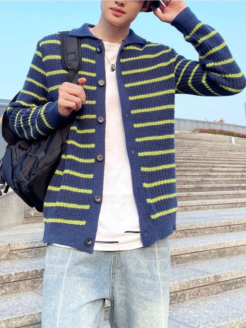 Men's Striped Button-up Cardigan