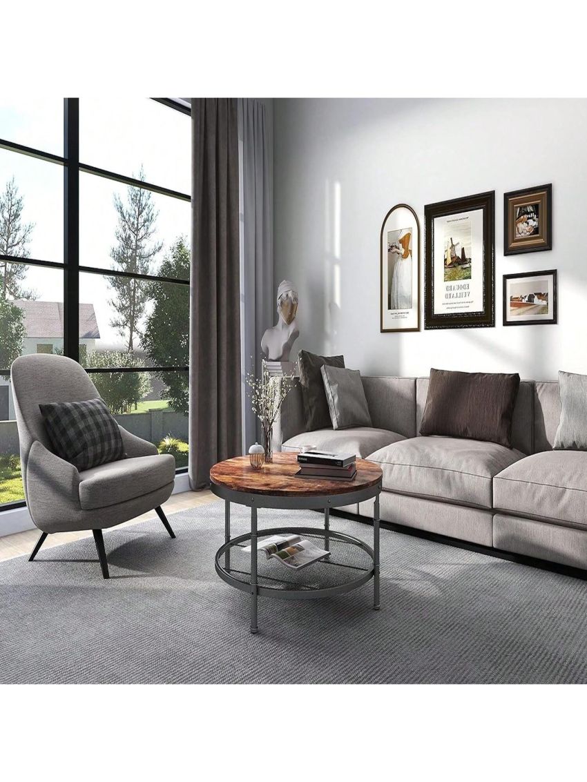 2-Tier Single Panel Round Coffee Table for Living Room and Bedroom, with 3D Texture Metal Frame and Mesh, Rustic Brown