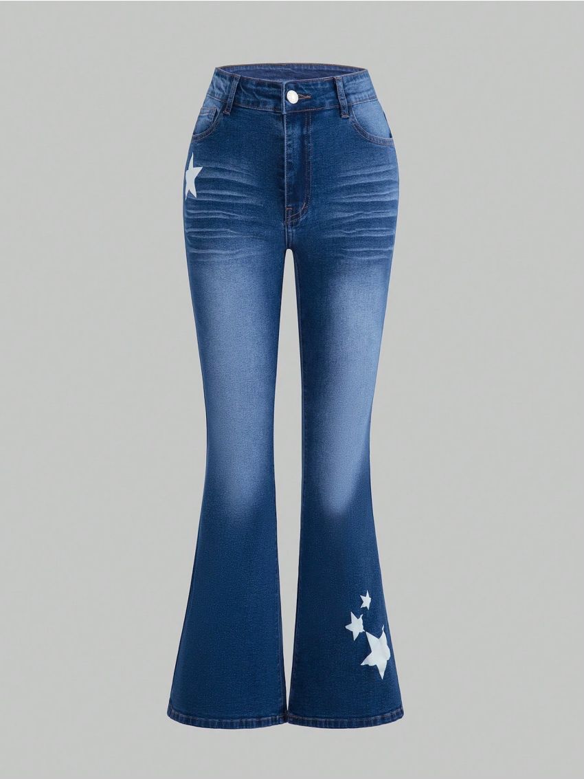 Teenage Girls' New Casual Fashion Star Print Flared Jeans With Washed Effect