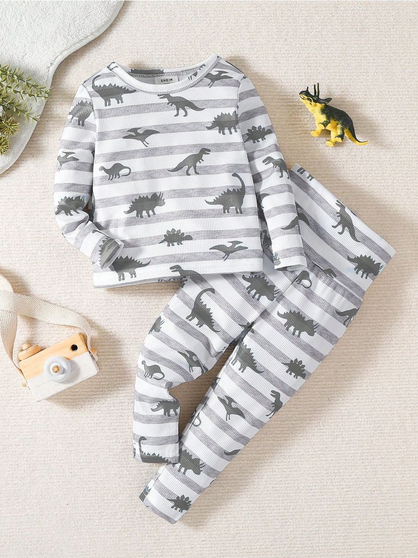 Baby Girl Striped & Dinosaur Skeleton Print PJ Set