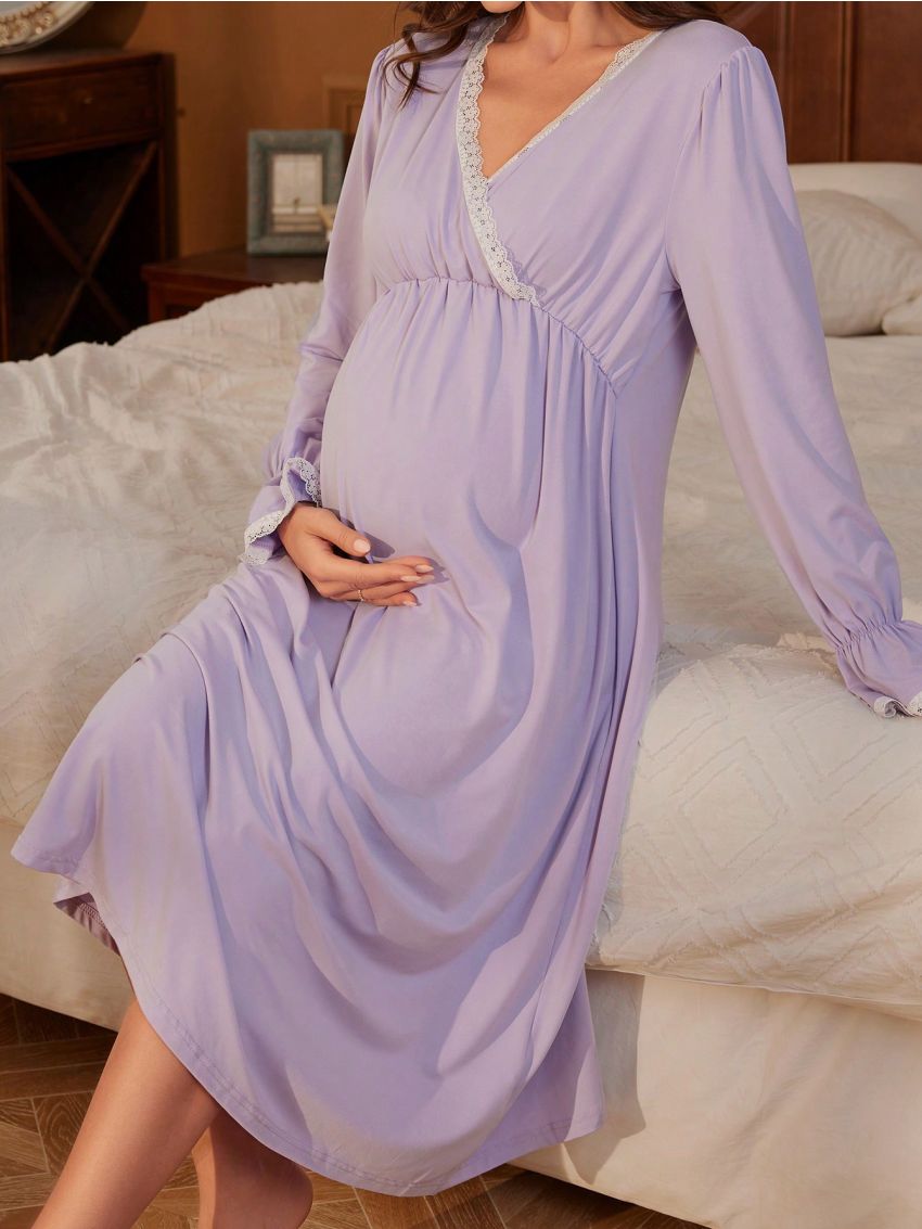 Maternity Lace Wrap Collar Nightgown