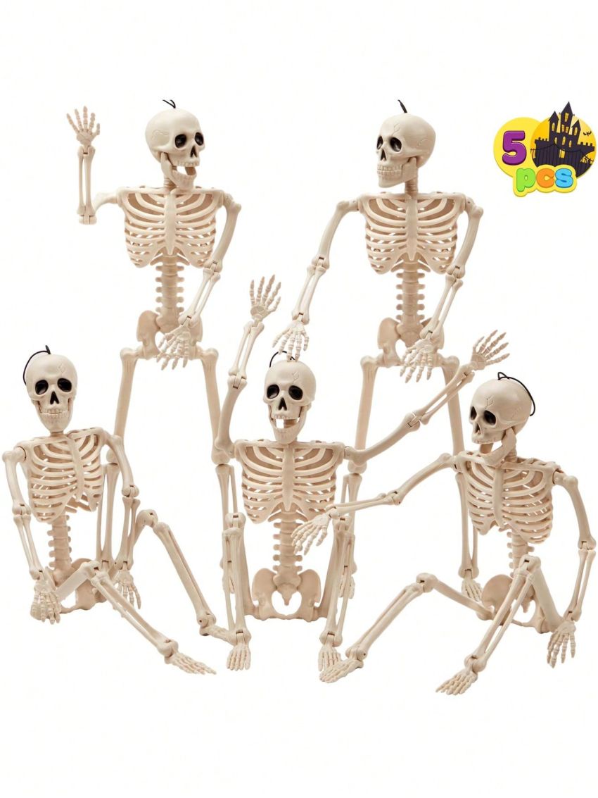 JOYIN 5 PCS Posable Halloween Skeletons 16 Inches Full Body Posable Joints Hanging Skeletons for Graveyard Decorations, Haunted House Accessories, Spooky Scene Party Favors