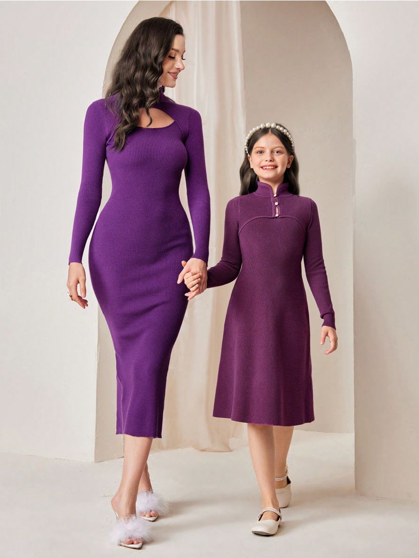 SHEIN Tween Girl 1pc Button Front Sweater Dress