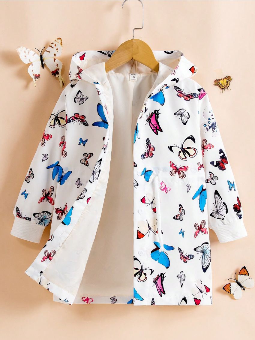 Little Girls' Fashionable Butterfly Printed Hooded Long Jacket For Spring Or Autumn