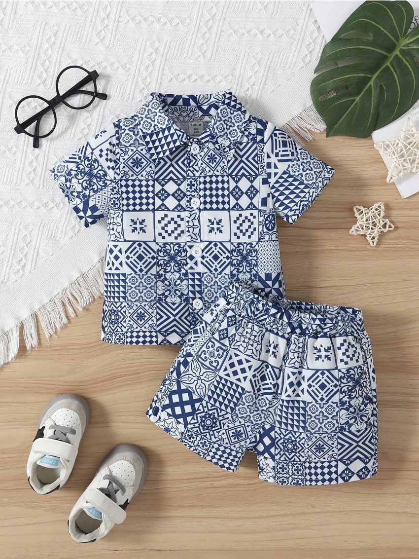 2023 New Collection Baby Boys' Casual Comfortable Lovely Fashionable Printed Short-Sleeved Shirt With Open Button Placket And Elastic Waist Shorts Two-Piece Set
