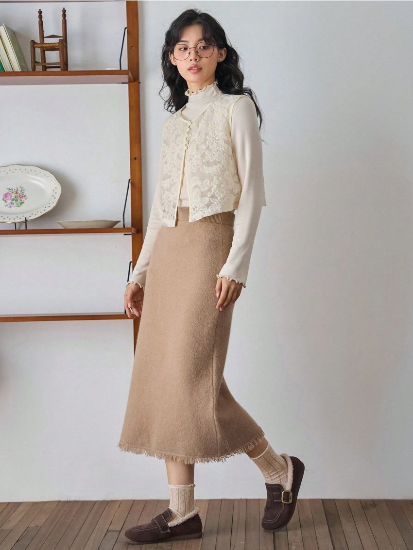 FRIFUL Women's Fringed Hem Sweater Skirt