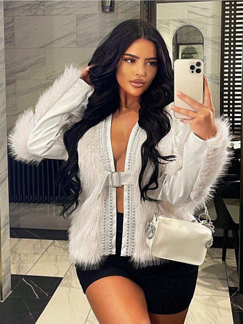 SHEIN SXY Women's Plush Fabric Studded Patchwork Jacket