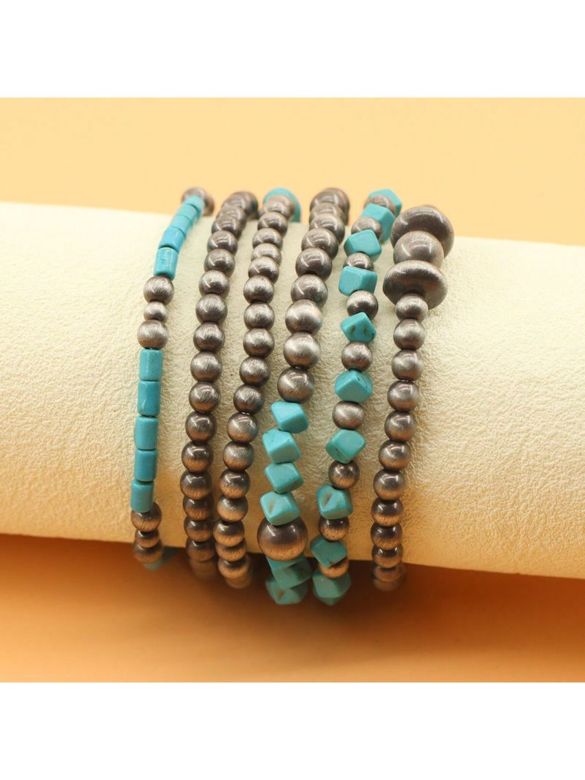 6pieces/set navajo pearl &turquoise stone Vintage silver beaded stacking bangle bracelet Bead Stretchable Elastic Bracelet For Women, Daily Wear