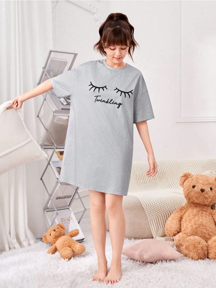 SHEIN Teenage Girls' Knitted Solid Color Eyelash & Letter Print Casual Homewear