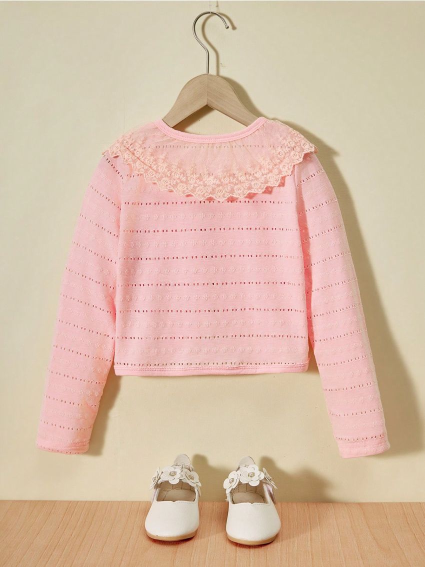 Little Girls' Lace Splice Cardigan With Single Button Closure