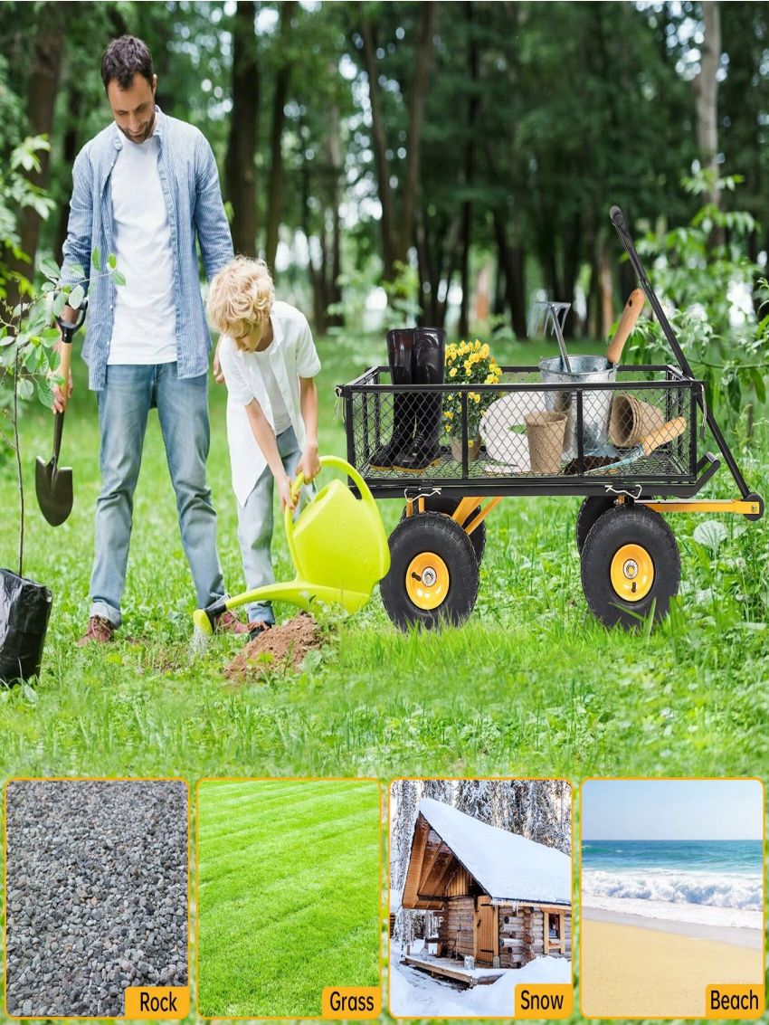 Steel Garden Carts, 500 Lbs Outdoor Utility Yard Wagon, Heavy Duty Metal Mesh Garden Wagon with Removable Sides & 180°Rotating Handle & 10in Wheels, Black (500lbs) Perfect for Garden, Farm, Yard