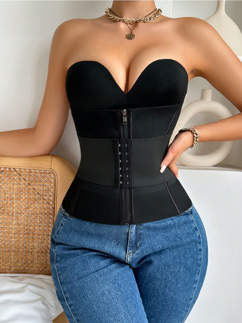 Solid Color Front Zipper & Hook Eye Waist Trainer
