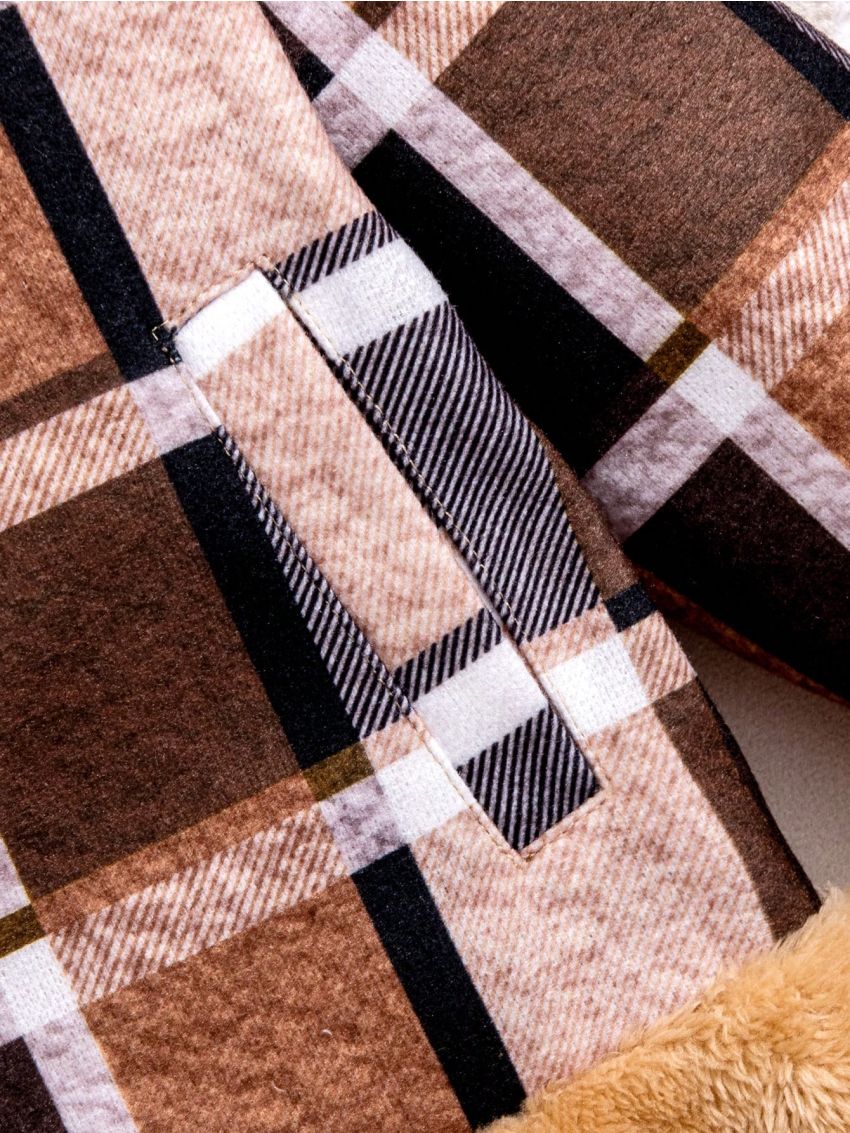 SHEIN Kids SUNSHNE Little Girls' Khaki Woolen Coat With Plush Splicing And Long Sleeves