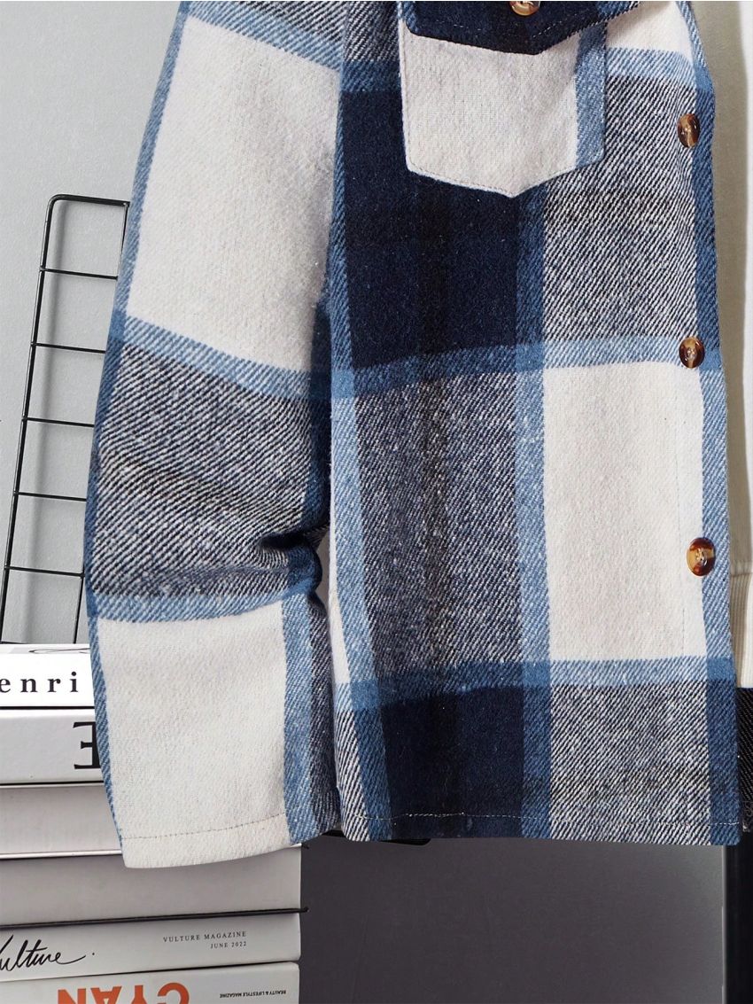 Tween Boy Plaid Print Flap Pocket Hooded Coat Without Tee