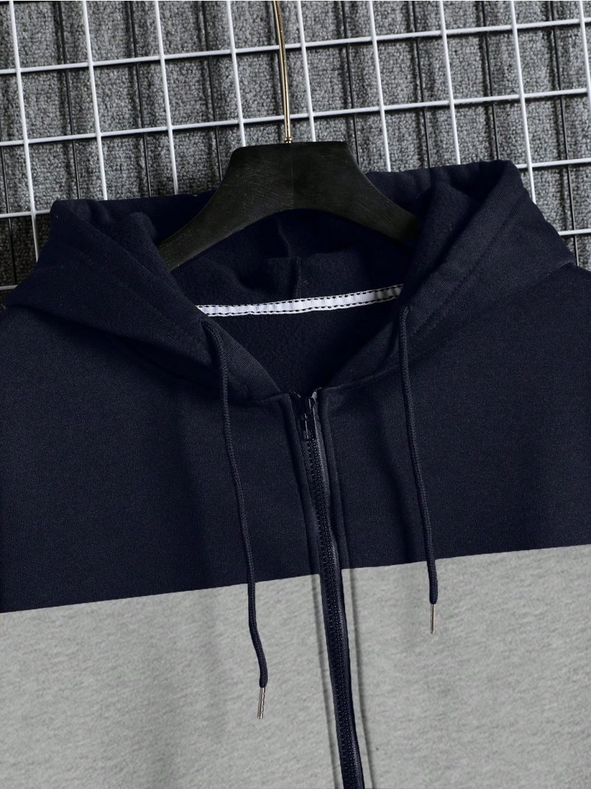 Men's Color Block Zip Up Hoodie With Drawstring